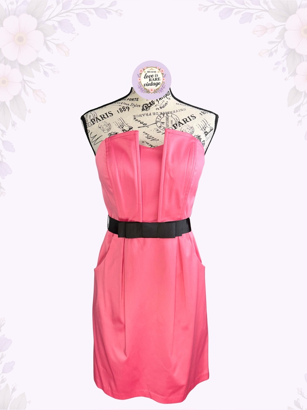 Y2K Strapless Pink Satin Mini Dress • 2000s Cocktail Dress • Black Bow & Pockets